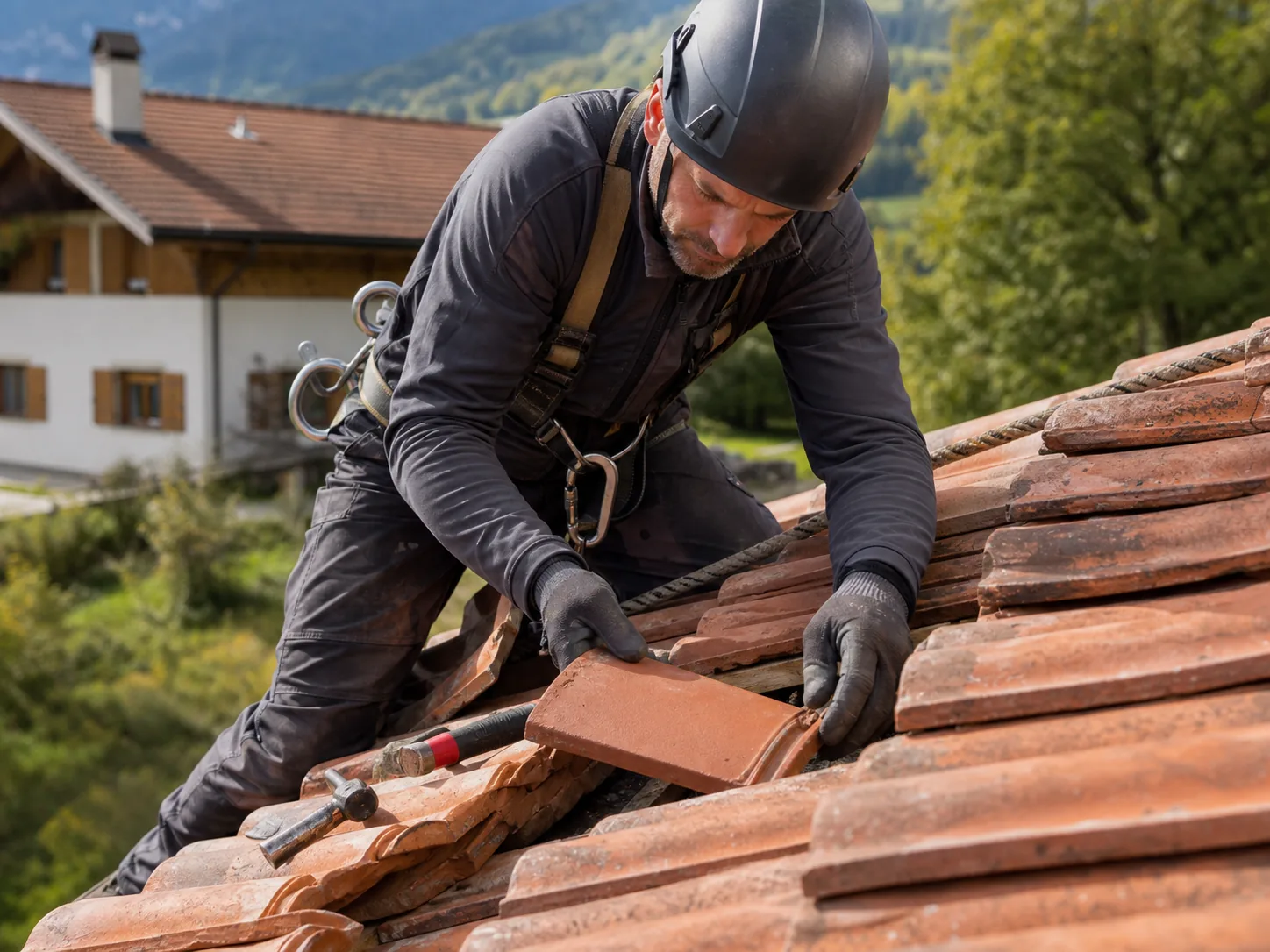 Petite réparation réalisée sur une toiture existante